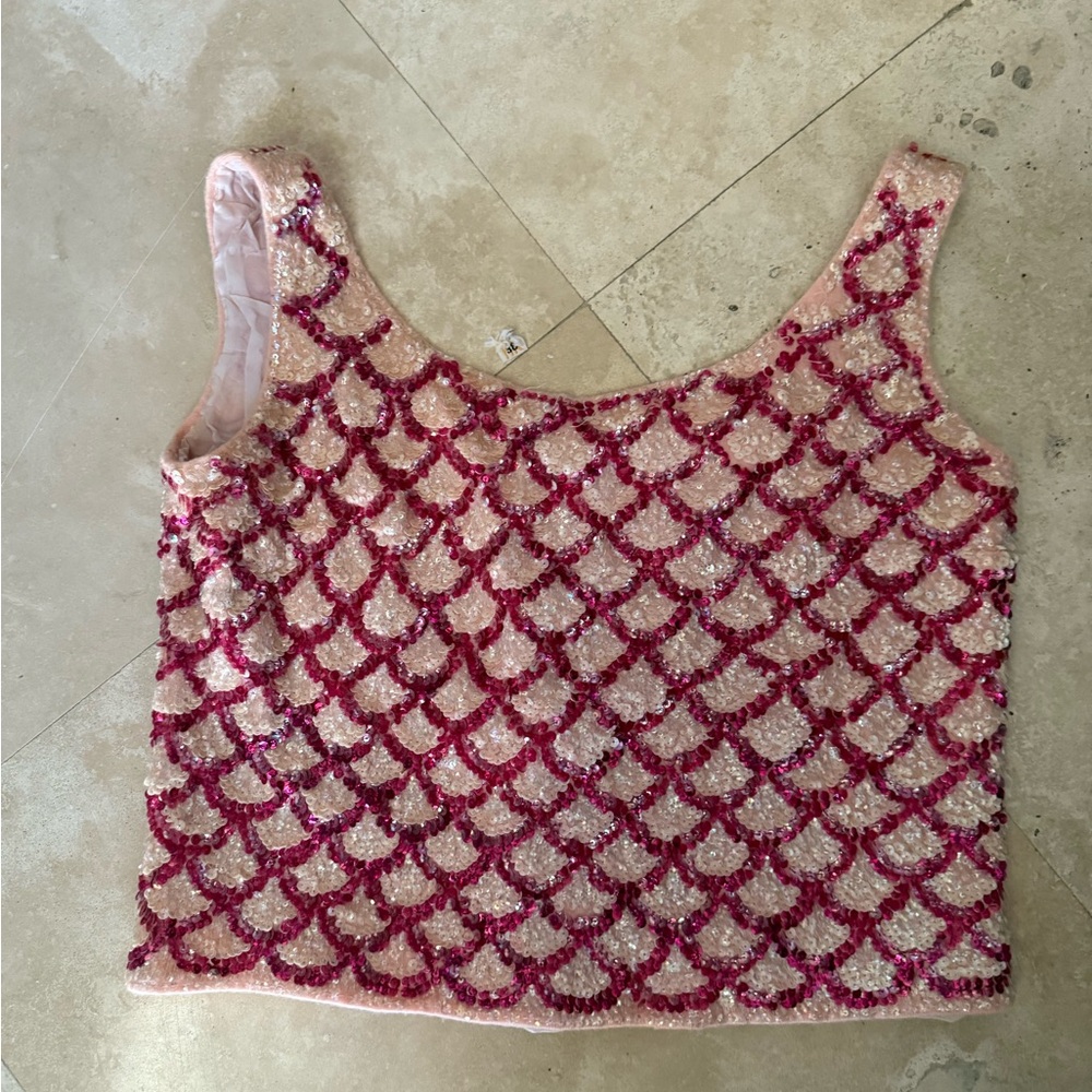 Pink and Red Sequin Women's Top VINTAGE HANDMADE SILK